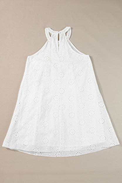 Witte Boho Halter Halter Mouwloze Jurk met Oogjespatroon