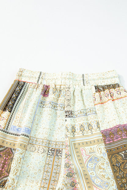 Gele Boho Patchwork Print Trekkoord Wijde Broek