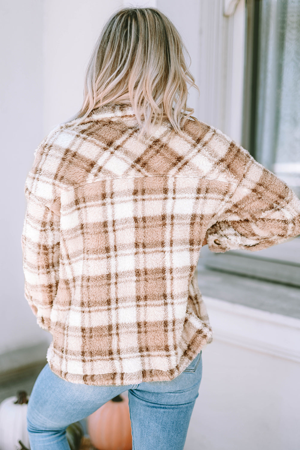 Khaki Sherpa Plaid-jas met knoopsluiting en zakken