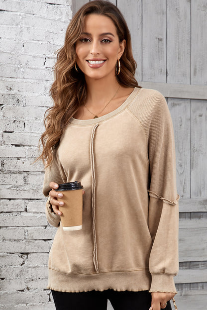 Licht Frans beige effen wafel gebreide patchwork raglanmouw sweatshirt