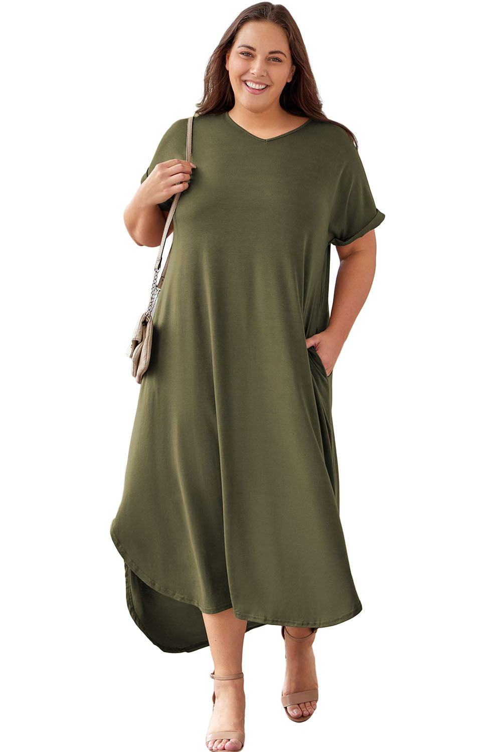 Groene Plus Size V-hals Gerolde Manchetten Maxi-jurk