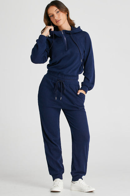 Marineblauwe geribbelde gebreide cropped hoodie en trekkoordjoggingbroekset