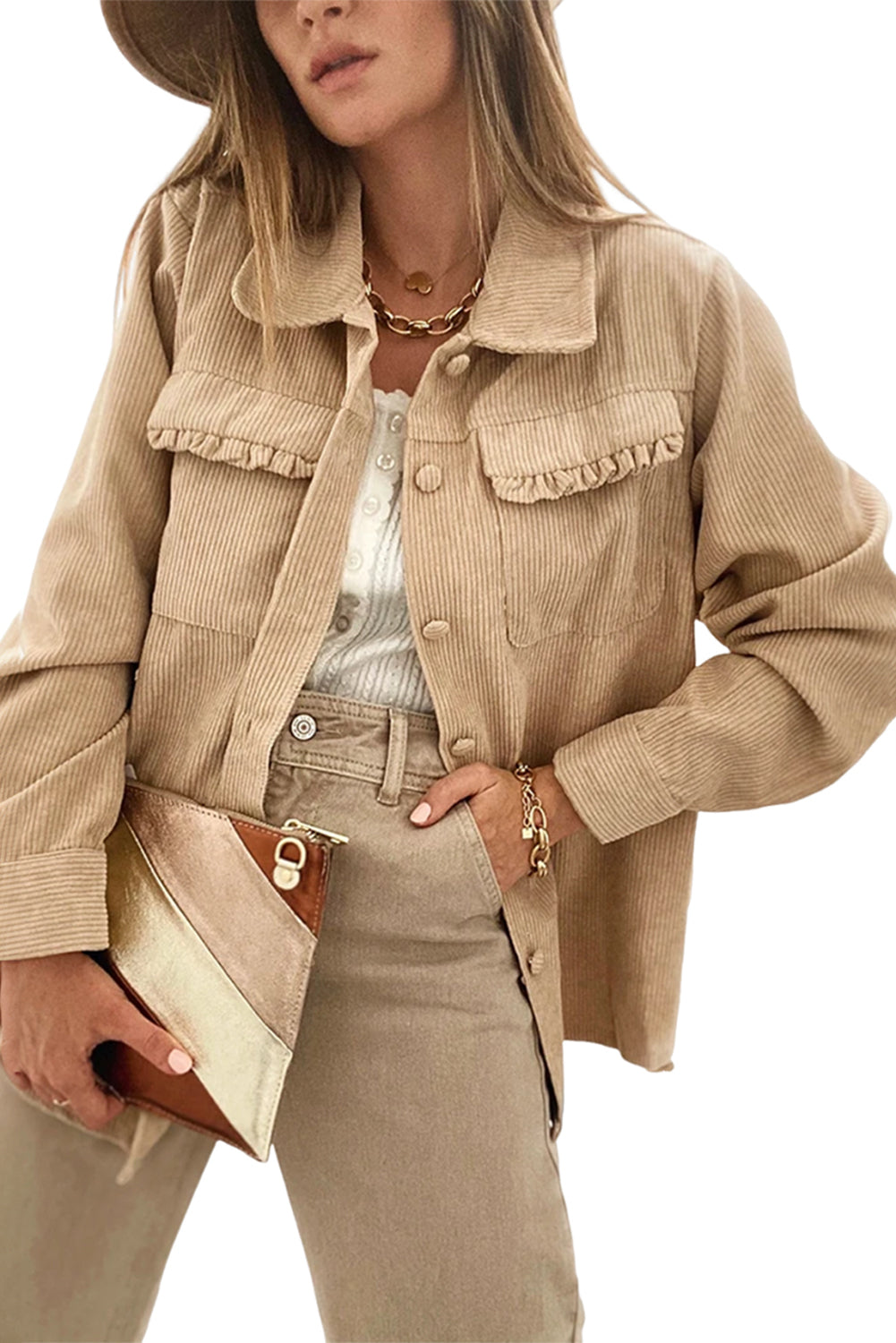 Licht Frans beige effen geplooide klepzak corduroy shacket met knoopsluiting