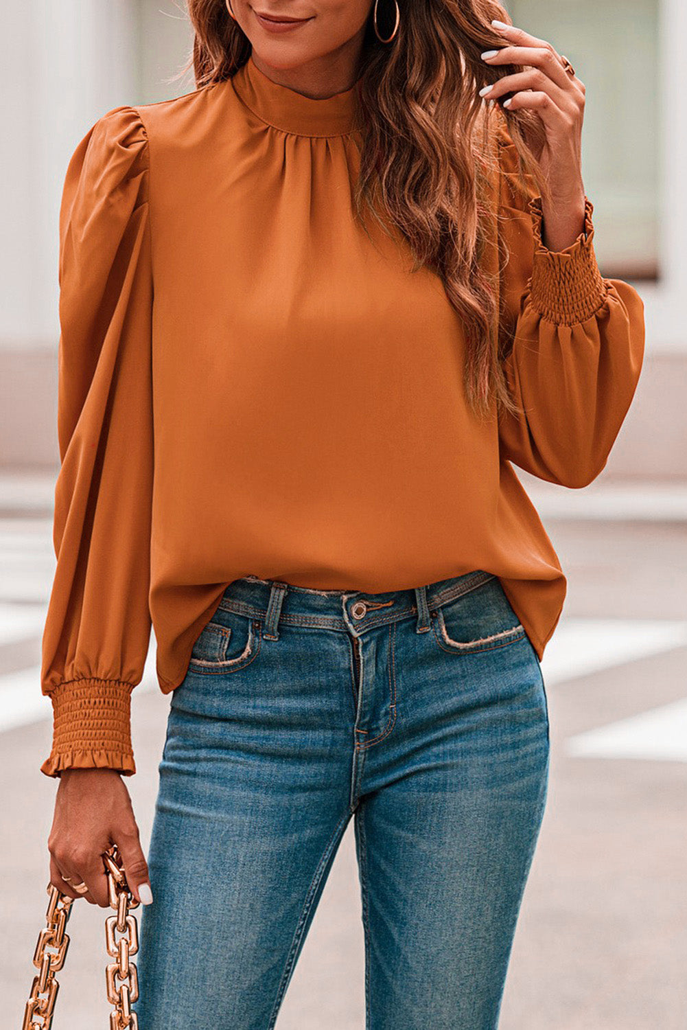 Oranje lange bubbelmouw nephals chiffon blouse