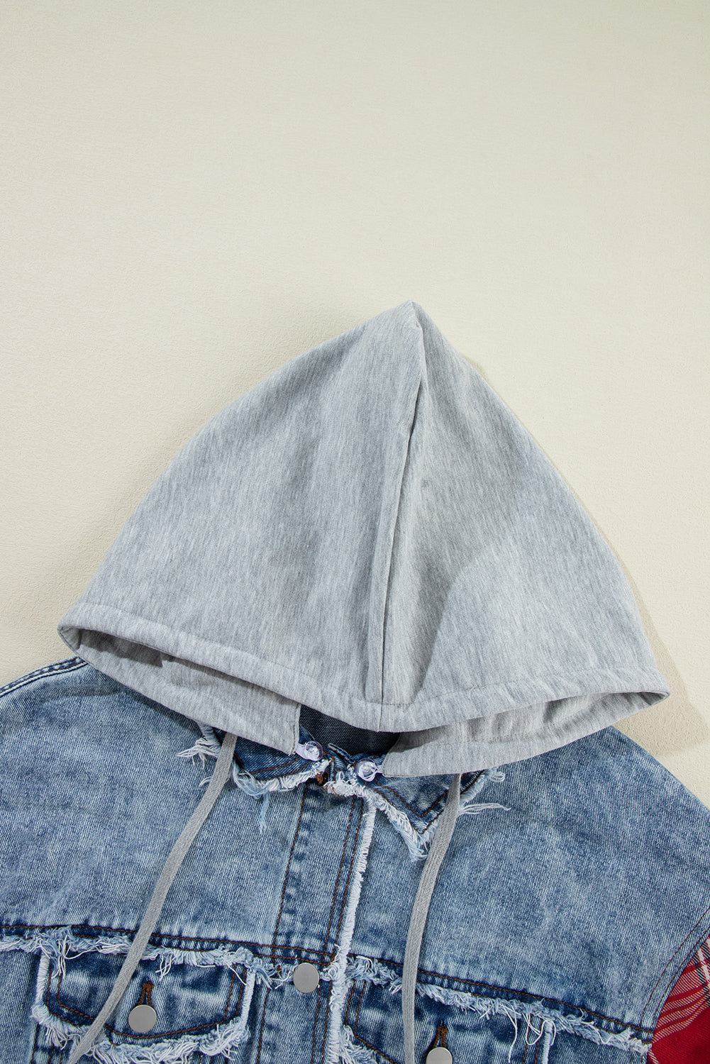 Beau Blue Plaid Print Patchwork Hooded Raw Hem Denim Jack