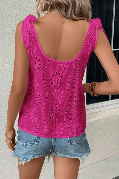 White Embroidery Patterned Knotted Straps V Neck Tank Top