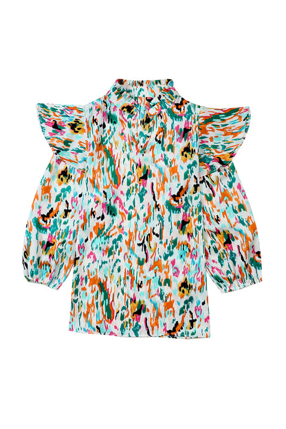 Blouse met veelkleurige abstracte print, 3/4 pofmouwen en ruches