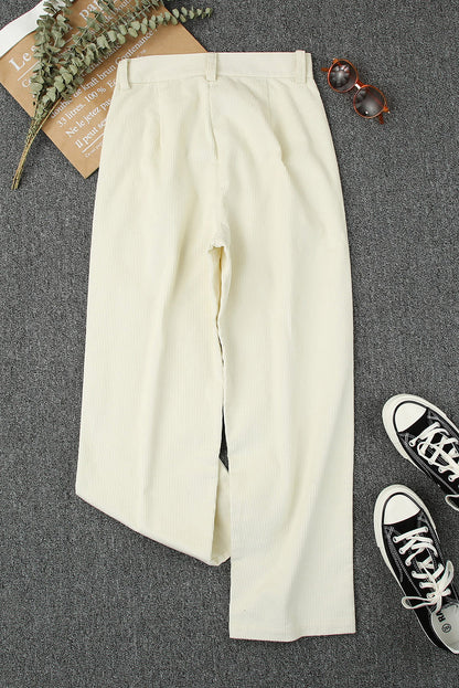 Beige Corduroy Hoge Taille Rechte Broek