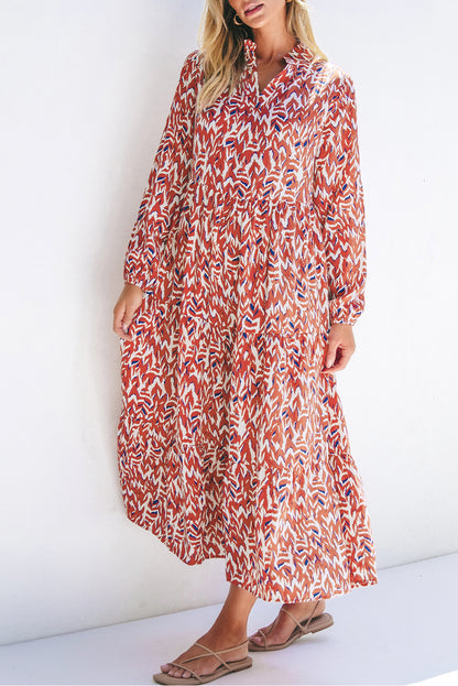 Oranje abstracte print V-hals geplooide hoge taille midi-jurk