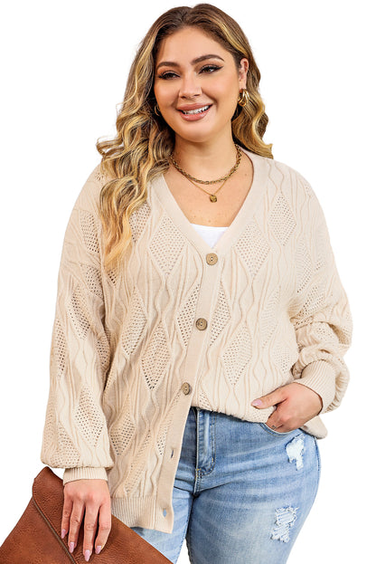 Abrikoos Plus Size Gebreid Uitgehold Knoopsluiting Cardigan