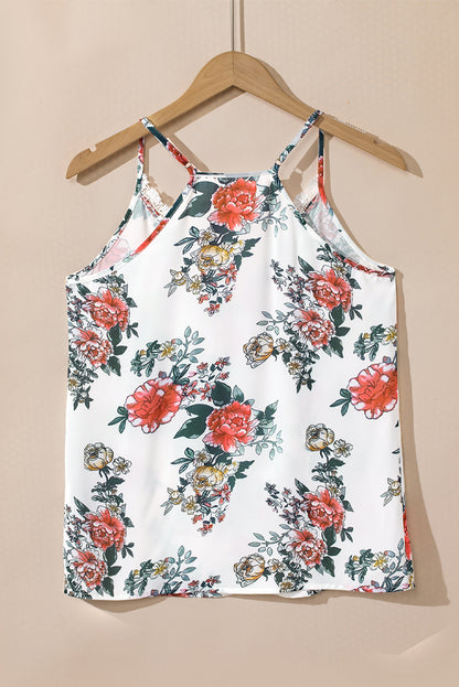 Witte tanktop met kanten V-hals en bloemenprint