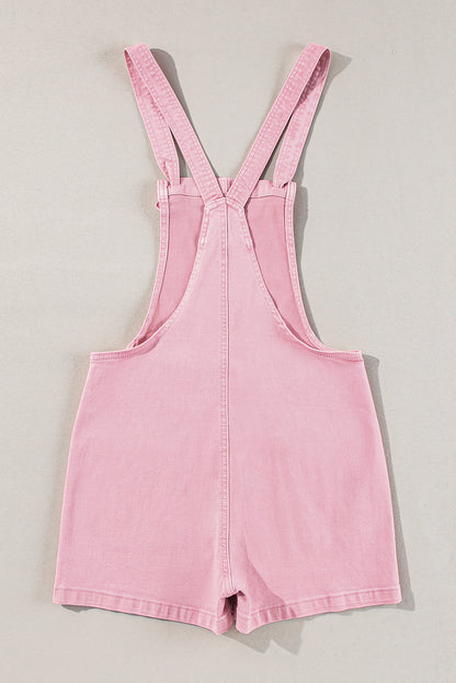 Roze effen denim romper met knoopbandjes en zakken