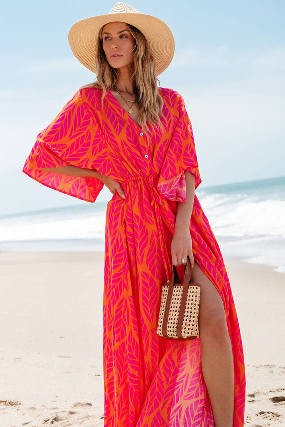 Orange Leafy Print 3/4 Sleeve V Neck Buttoned Split Maxi Dress