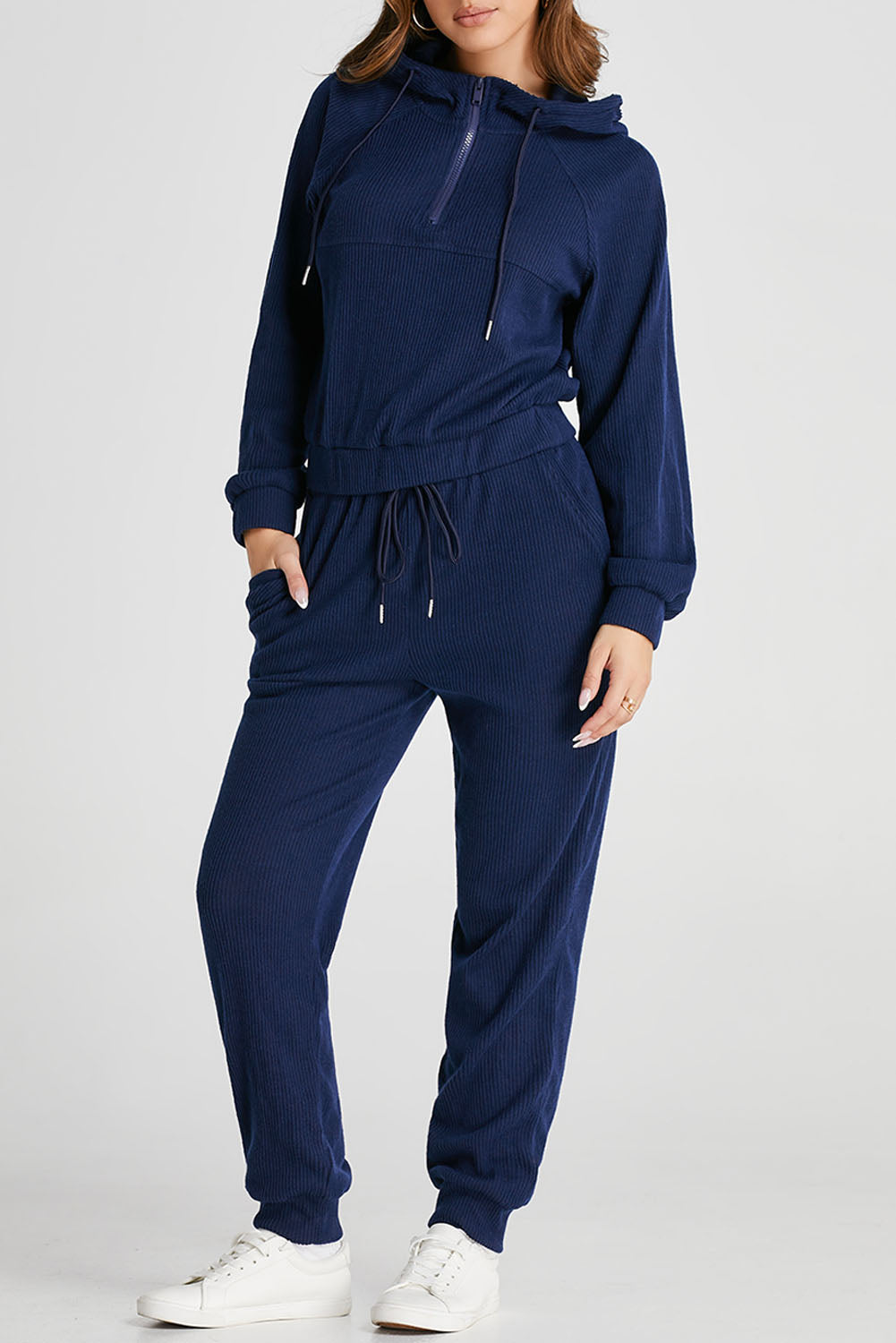 Marineblauwe geribbelde gebreide cropped hoodie en trekkoordjoggingbroekset