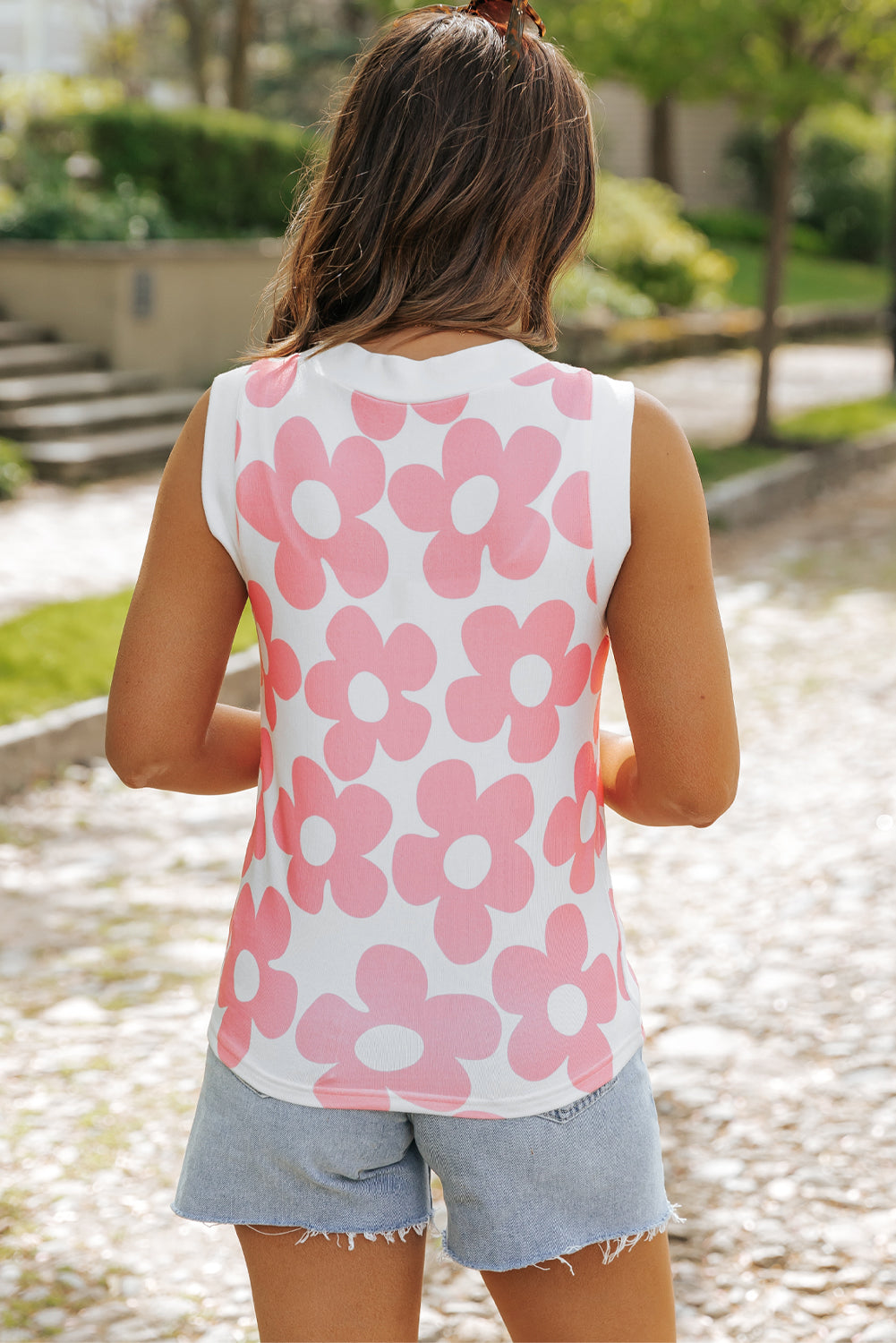 Roze schattige bloem gebreide tanktop met V-hals