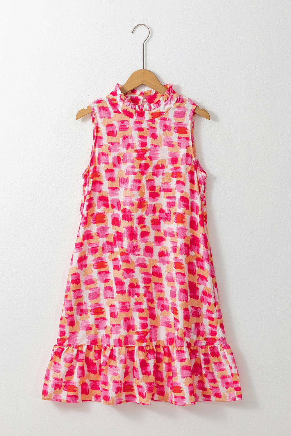 Roze abstracte print geplooide hals mouwloze mini-jurk