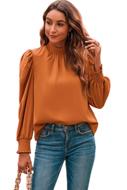 Oranje lange bubbelmouw nephals chiffon blouse