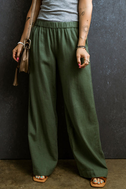 Fern Green Elastic Waist Casual Wide Leg Pants