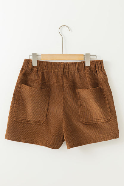 Brown Vintage Elastic Waist Back Pocketed Corduroy Shorts