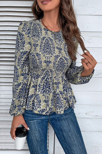 Hemelsblauwe Boho-blouse met ballonmouwen en smokwerk en peplum