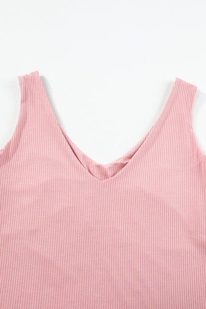 Lichtroze tanktop met ribstructuur en V-hals