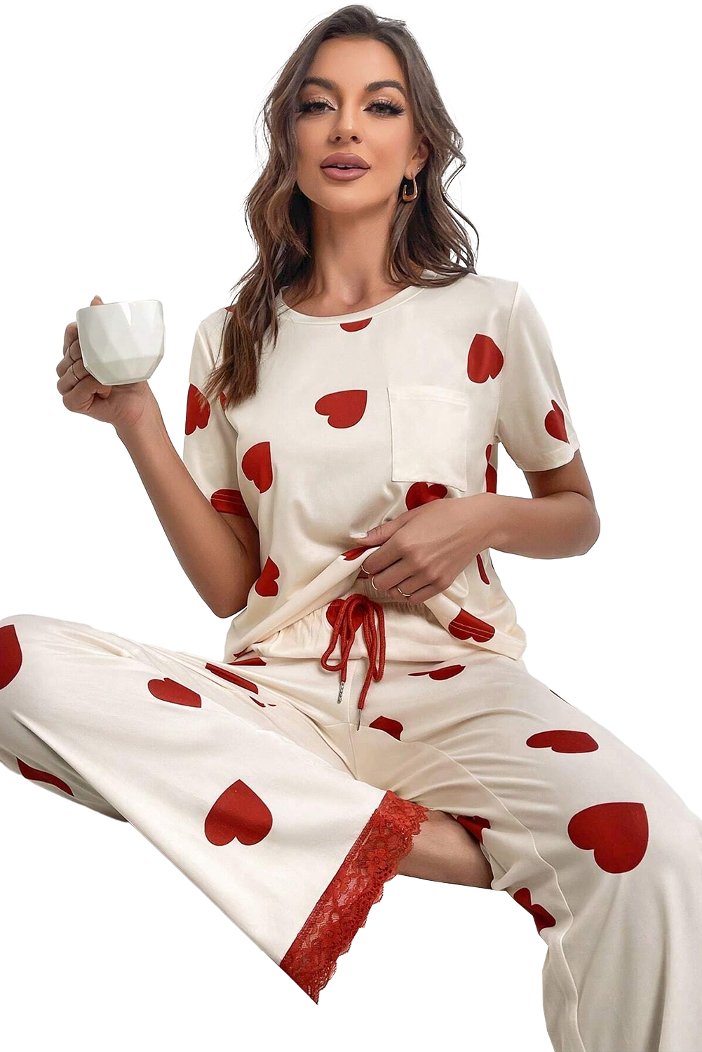 Ensemble pyjama blanc avec t-shirt et pantalon à ourlet en dentelle et imprimé cœur pour la Saint-Valentin