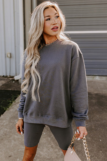 Dark Grey Solid Color Pullover and Skinny Shorts Two Piece Set