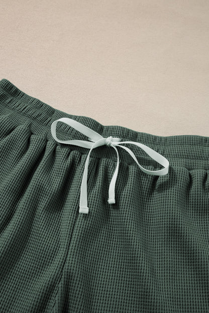 Mist Green Waffle Knit Patched Pocket Tank en Drawstring Shorts Set