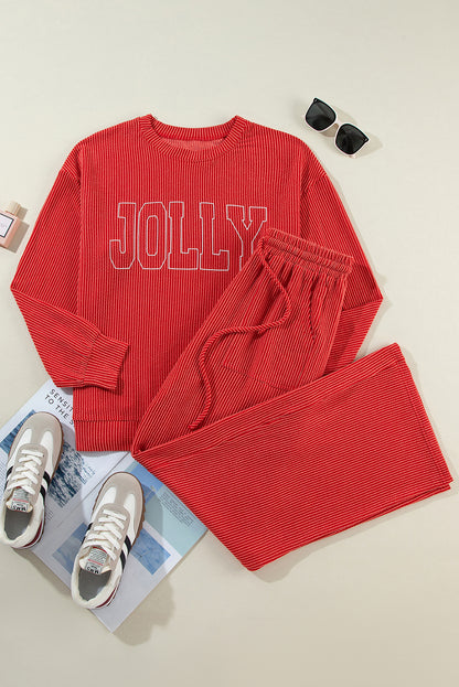 Vurig rood JOLLY Corded Long Sleeve Top en Broekset met Zakken