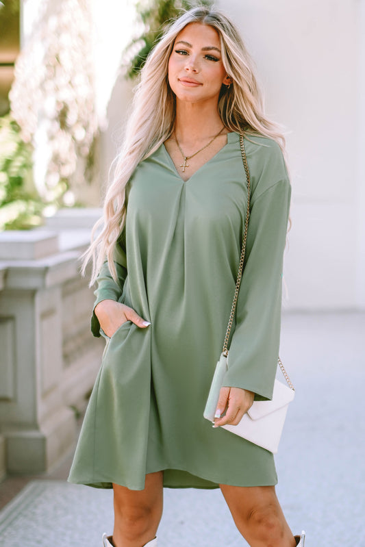 Green Roll-tab Sleeve Flowy Casual Dress