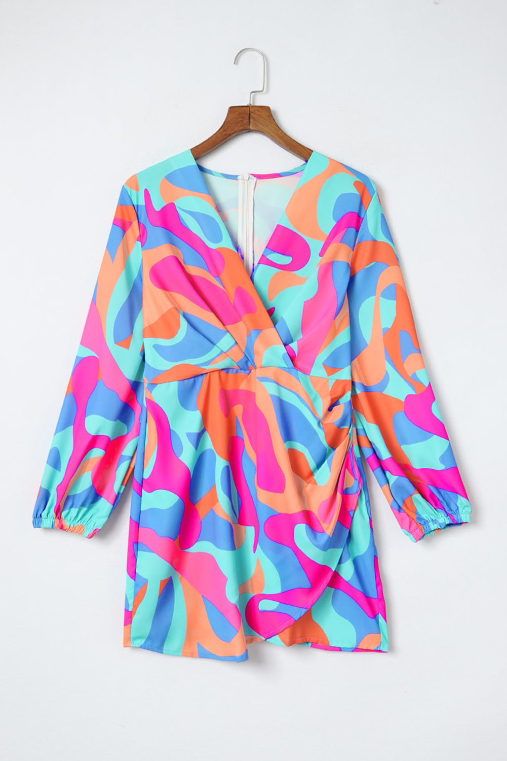 Multicolor Abstract Print Wrap V-hals Pofmouw Jurk