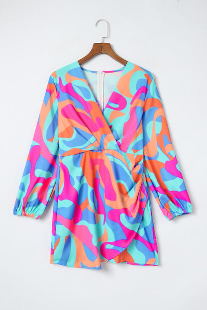 Multicolor Abstract Print Wrap V-hals Pofmouw Jurk