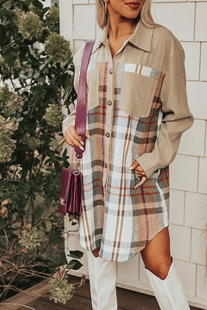 Khaki Plaid Patchwork Lange Mouw Shirt Mini Jurk