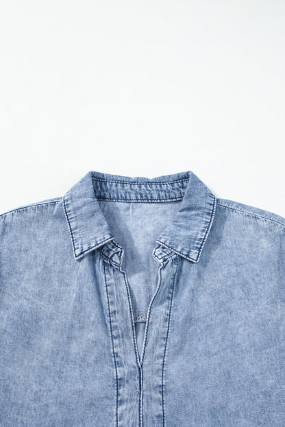 Hemelsblauwe Acid Wash V-hals gelaagde denimjurk