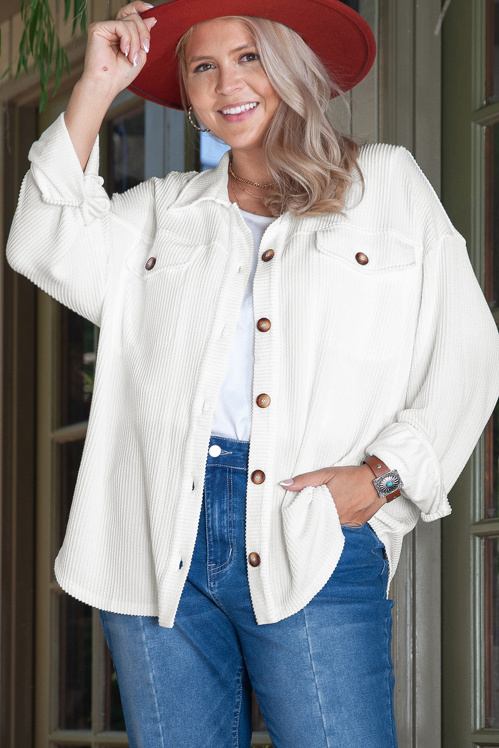 Witte effen koorden drop shoulder plus size shacket