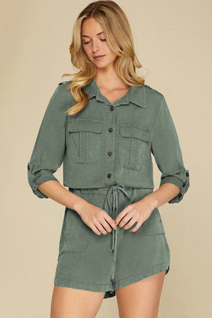 Jungle Green Roll up Sleeve Flap Pockets Drawstring Playsuit