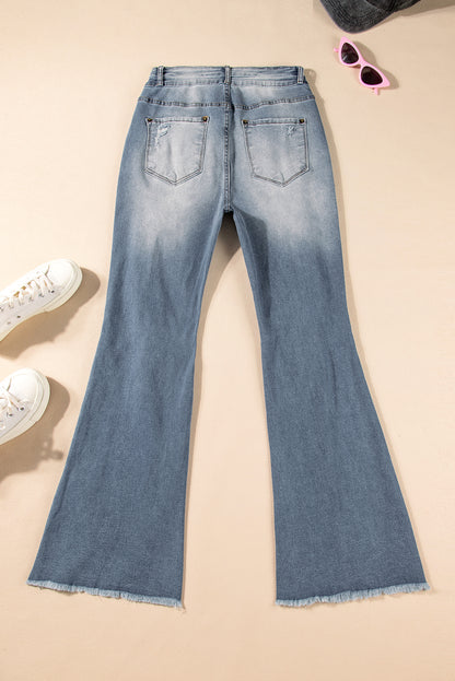 Dusk Blue Vintage Light Wash Ripped Raw Edge Flare Jeans