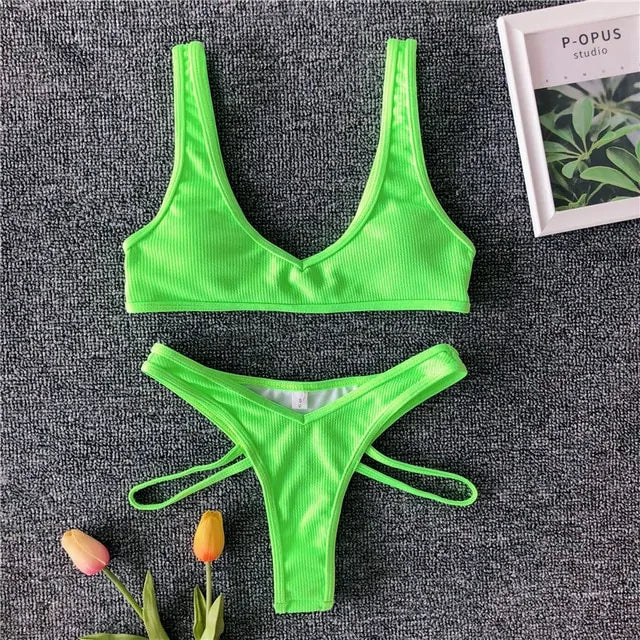 Tweedelige geribbelde neon bikini