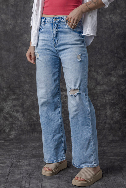 Lichtblauwe High Rise Distressed Straight Leg Jeans