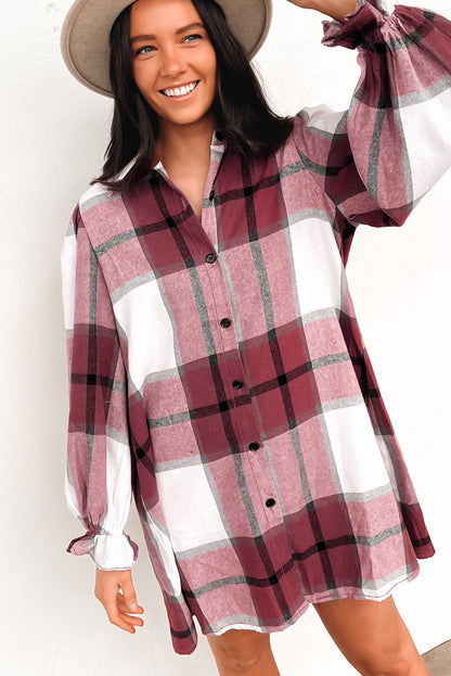 Khaki Plaid-patroon Kraag Hals Ruffle Mouw Shirt Jurk