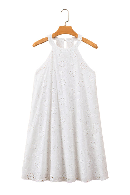 Witte Boho Halter Halter Mouwloze Jurk met Oogjespatroon