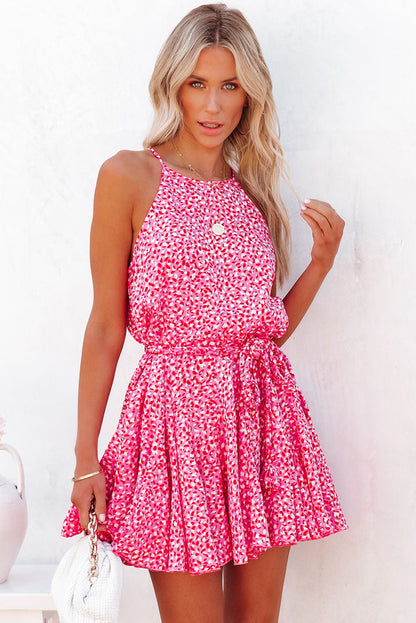 Roze luipaardprint mouwloze mini-jurk met tailleband