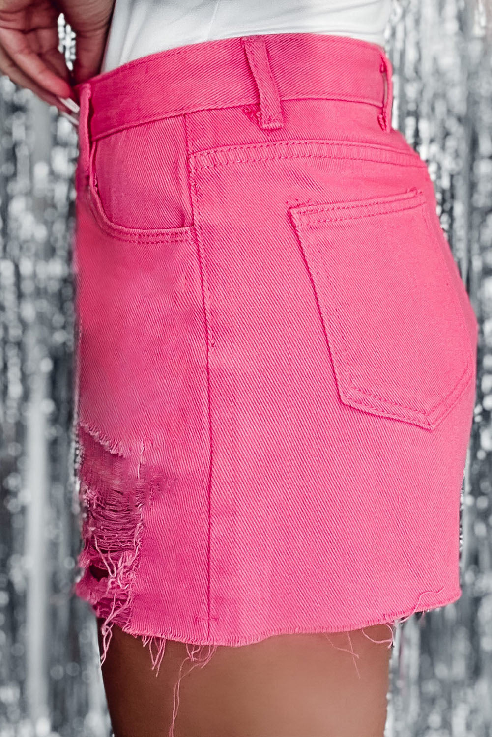 Rozen Versleten Slim Fit Hoge Taille Denim Shorts