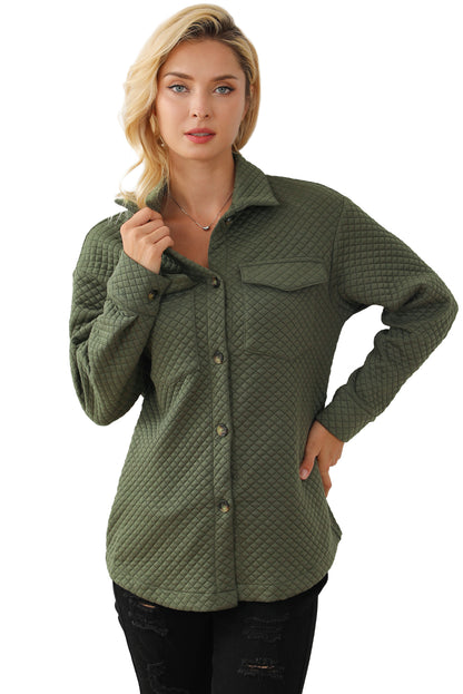 Groene Retro Quilted Flap Pocket Knoop Shacket