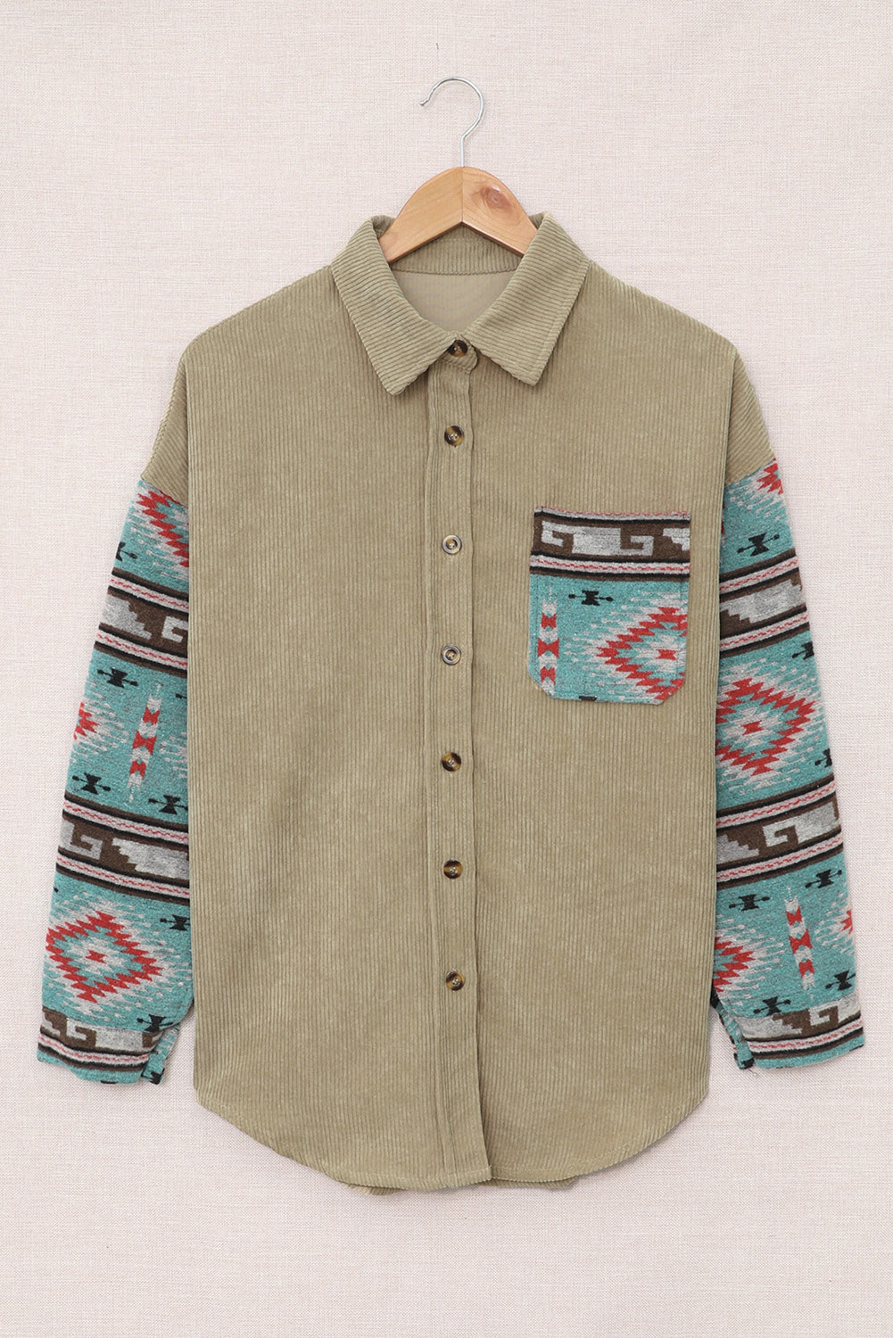 Khaki Aztec patroon mouw zak corduroy shacket