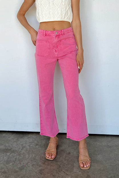 Roze enkellange flared jeans met ruwe zoom