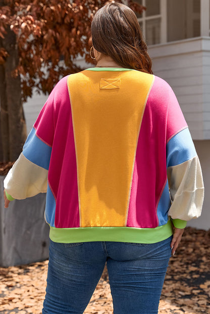 Rozerood Plus Size Colorblock Patchwork Sweatshirt met zichtbare naden