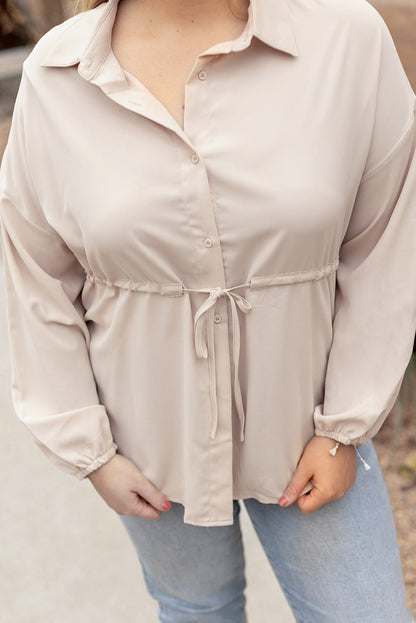 Licht Frans Beige Plus Size Puff Sleeve Geknoopt Tuniek Shirt