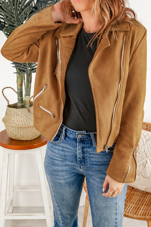 Brown Zipped Notch Collar Short Jacket