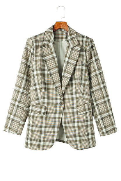 Khaki Plaid Print Lapel Collar Buttoned Blazer